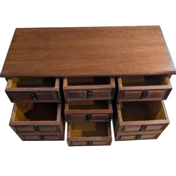 Vintage Mele Wooden Jewelry Box trinket 9 Drawers Lined Japan